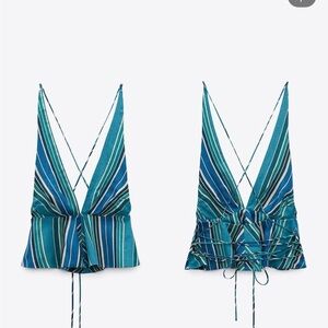 Zara Linen Blend Striped Halter Top Size Small
